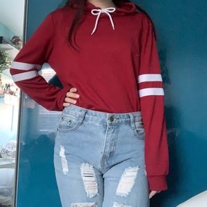 🦋Red sweater hoodie with white striped sleeves